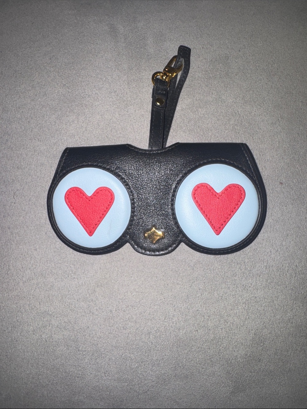 ANY DI Black Owl face Heart eyed Gold Accent Leather Glasses Holder Never Used